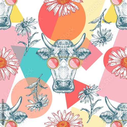 Seamless pattern with cows, geometric shapes and wildflowers. Pop Art.