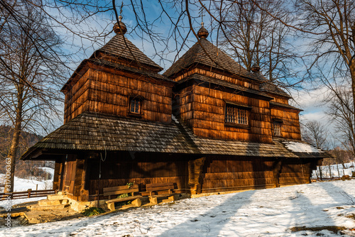 Exterior of Smolnik Wooden Orthodox Church.  Bieszczady Architecture in Winter. Carpathia Region in Poland