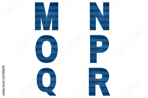 Blue font Alphabet m, n, o, p, q, r made of blue painted shutter or roller blind. Bright alphabet.