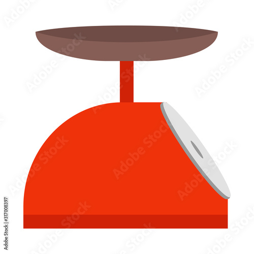 Appliance with electronic or analogue display, device for kitchen. Red weighing scale isolated on white background. Kitchenware for used to measure weight of product. Vector illustration in flat style