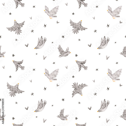 Beautiful vector seamless pattern with cute hand drawn monochrome grey birds and stars. Baby stock illustration.