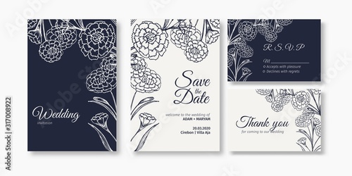 set modern floral outline hand drawn luxury wedding invitation design or card templates for wedding or fashion or greeting with carnation flower texture elegant background bundle vector illustration