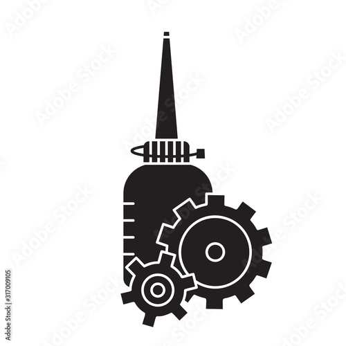 Cutout silhouette Oiler with two gearwheels overlapping each other in foreground. Outline motor lubricating oil. Black simple illustration. Flat isolated vector image on white background