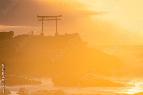 Long exposure morning view of torii gate in the sea at Shirahama shrine, Izu Peninsula, Japan