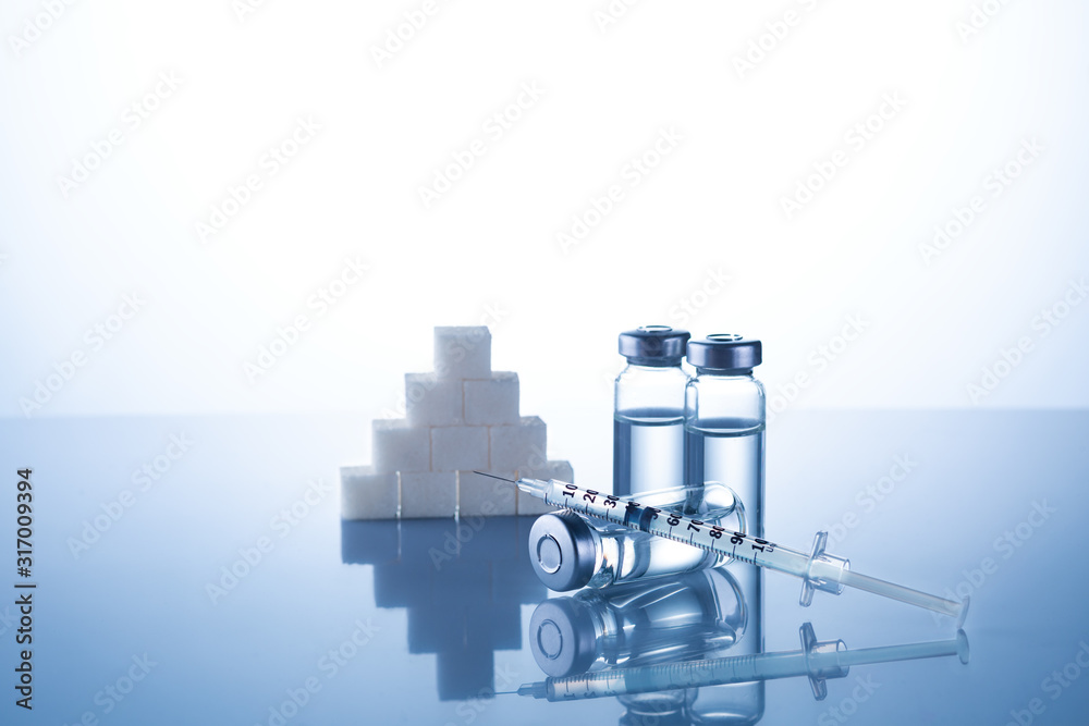 Naklejka Diabetes,insulin,high blood sugar,hyperglycemia. Ampoules, vials, syringe. Medical injection,diseases,health care. Medical background with copy space. Diabetes World Day
