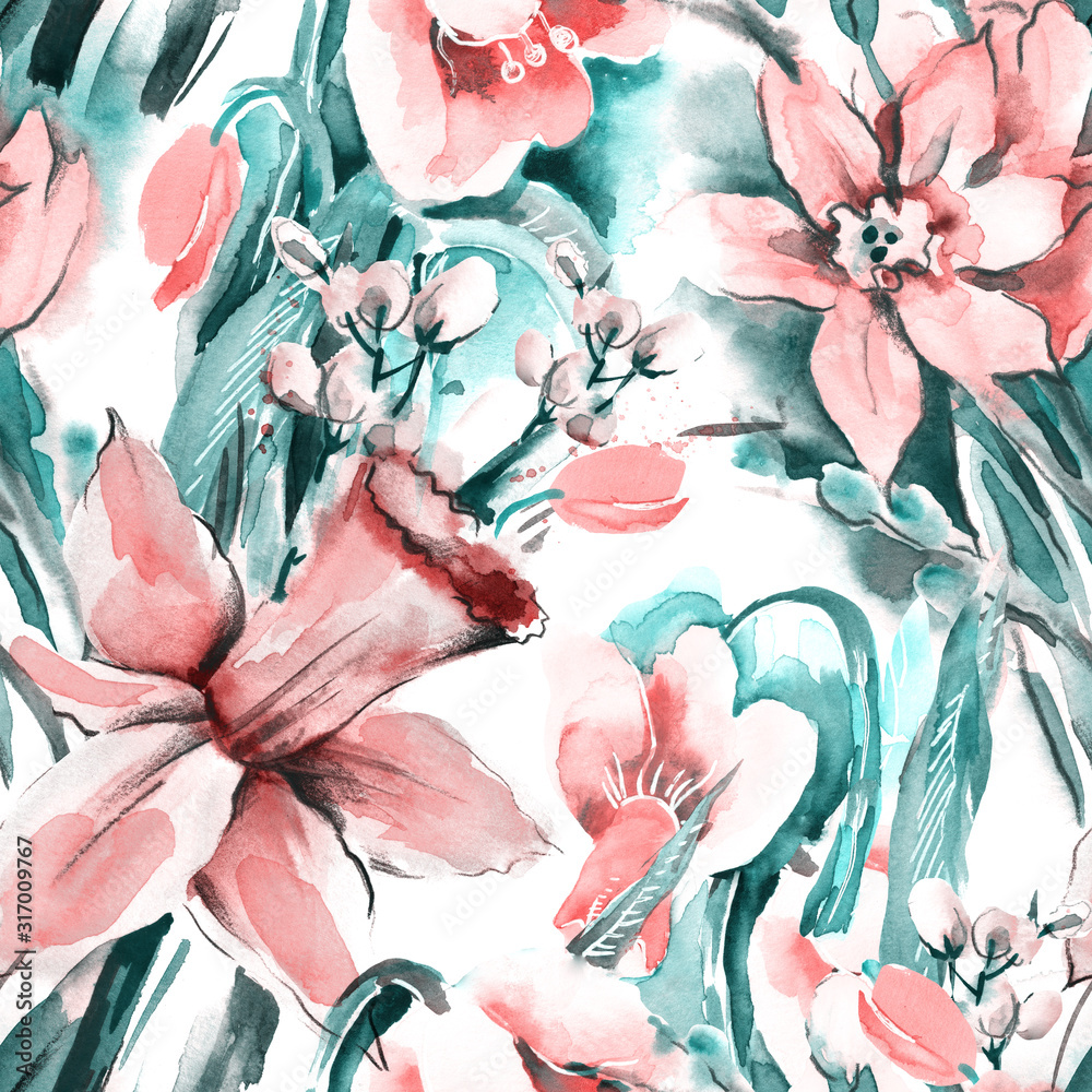 Fototapeta Seamless Pattern with Spring Flowers.Watercolor Background.