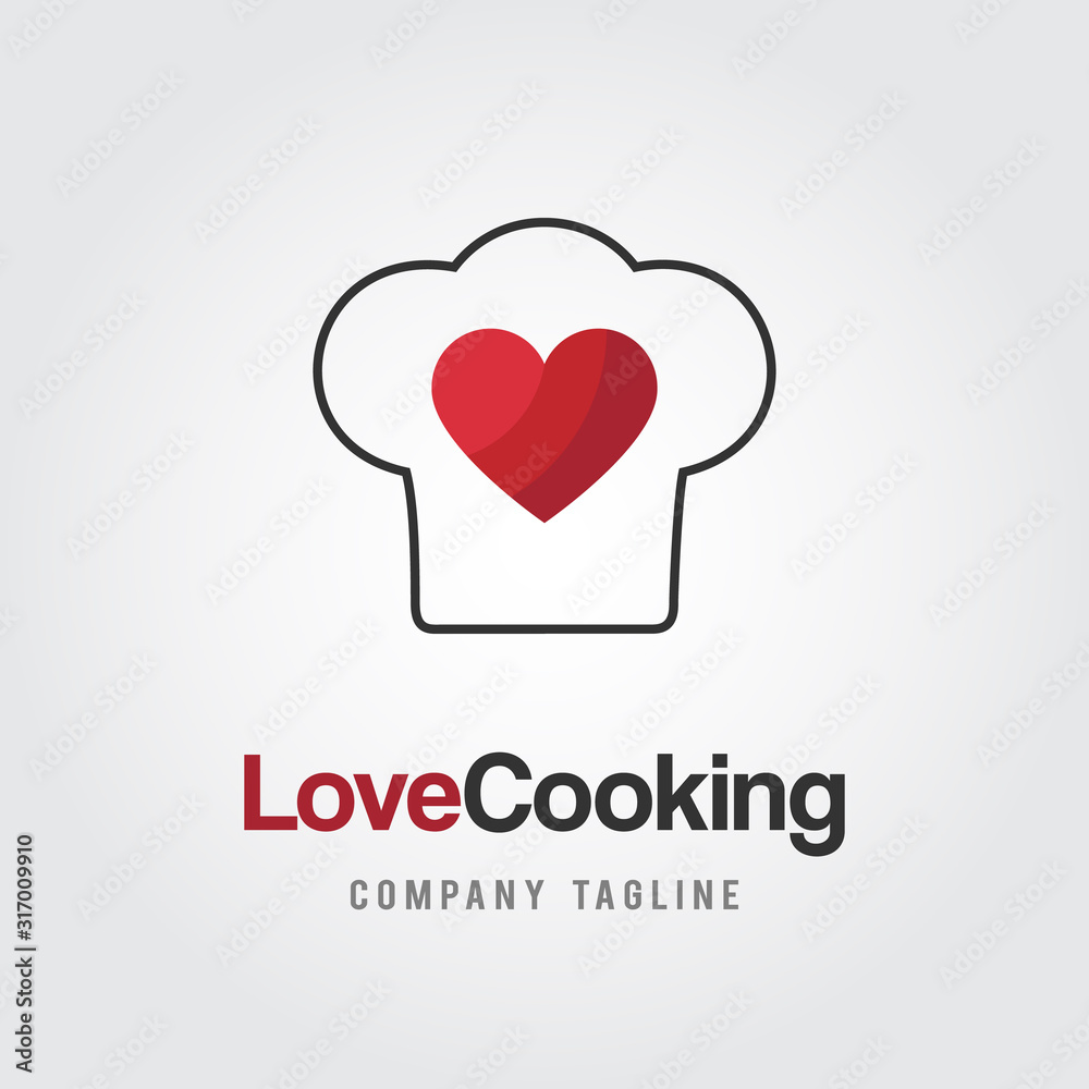Cook with Love logo template. coCooking logo with chef hat and heart Flat design vector illustration. Food icon.oking logo. Flat design vector illustration. Food icon.