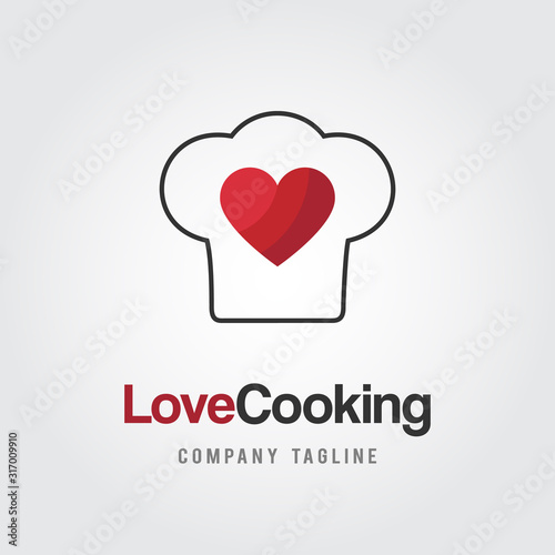 Cook with Love logo template. coCooking logo with chef hat and heart Flat design vector illustration. Food icon.oking logo. Flat design vector illustration. Food icon.