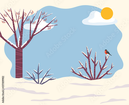 Landscape scenery in winter, weather conditions in wintertime. Snowy ground, trees and bushes. Bullfinch sitting on twig. Seasonal climate in rural area or countrysides. Vector in flat style