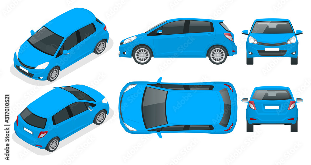 Subcompact blue hatchback car. Compact Hybrid Vehicle. Eco-friendly hi-tech auto. Easy color change. Template isolated on white view front, rear, side, top and isometric