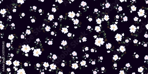 Seamless pattern with colorful hand drawn flowers. Original textile, wrapping paper, wall art surface design. Vector illustration. Floral simple minimalistic graphic design