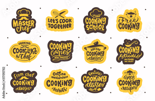 Let's cook. Set of vintage retro hand drawn badges, labels and logo elements, symbols, phrases
