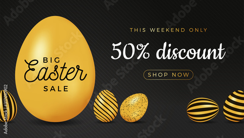 Easter egg horizontal banner. Easter big sale card with big gold and black ornate egg on black striped modern background. Vector illustration. Place for your text.