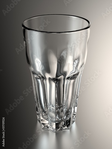 Empty transparent glass Pokal isolated on a black gradient background with reflections. 3D render