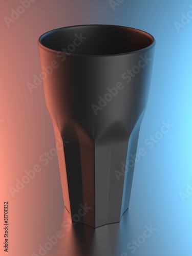 Black plastic empty cup isolated on gradient background. 3D render