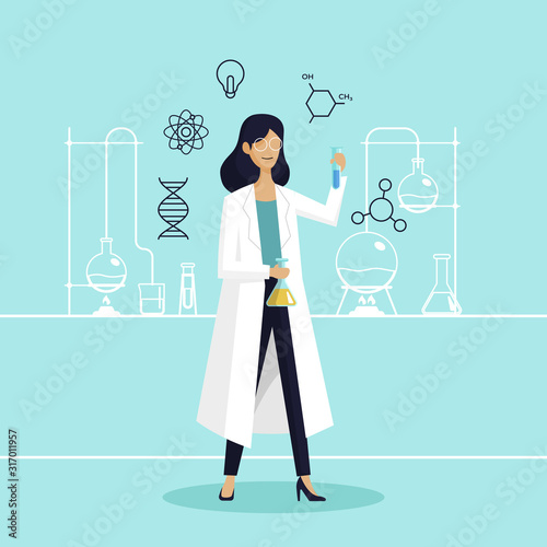 Female scientist in lab checking chemical reaction from beaker vector illustration. International Day of Women and Girls in Science poster background.
