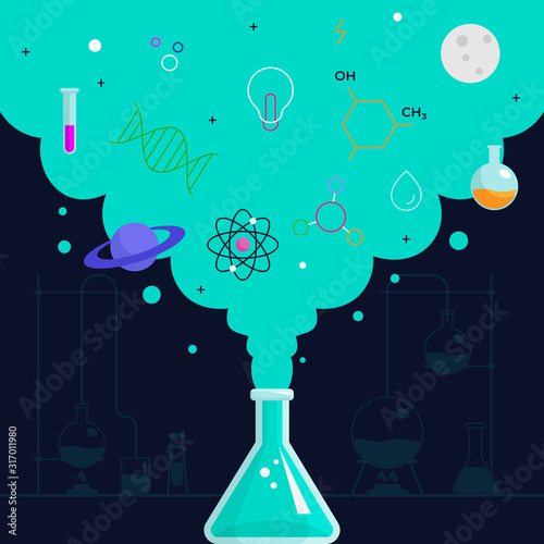 Chemical reaction smoke out form beaker glass with science knowledge stuff icon vector illustration photo
