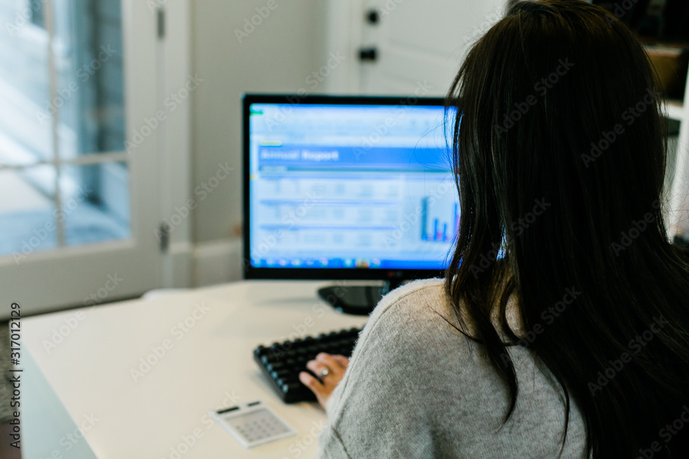 Rear view of brunette woman working on a computer in a small mostly white modern home office Rear view of brunette woman working on a computer in a small mostly white modern home office