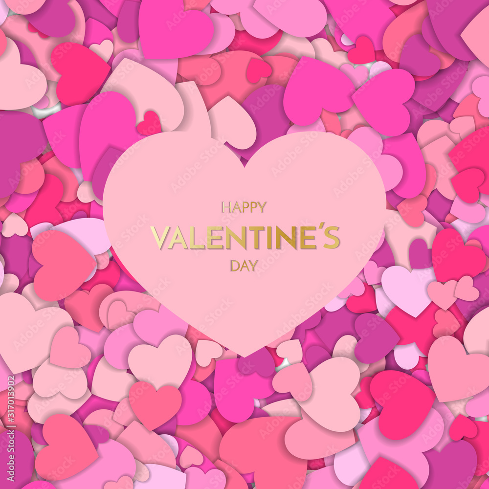 Valentine Day greeting card. Festive Card for Happy Valentine s Day. Background of many colorful Hearts. Symbol of love. Happy Valentines Day phrase on pink heart.