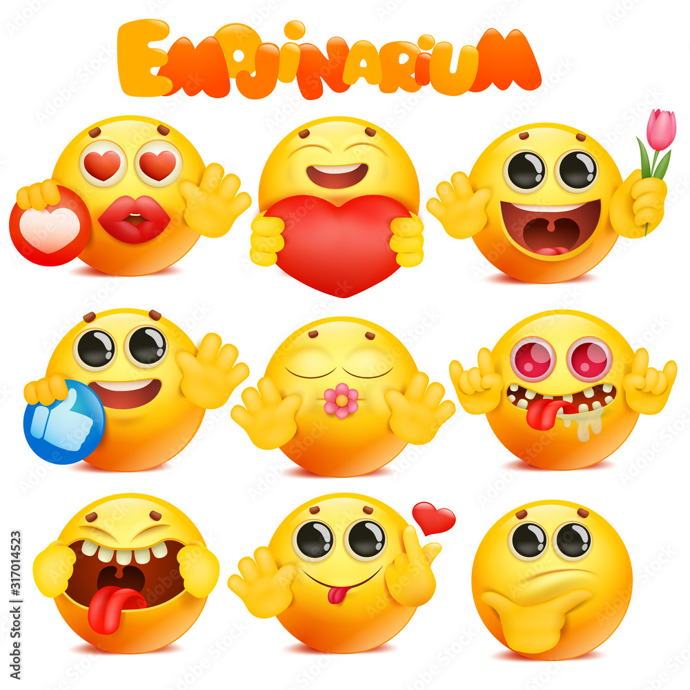 Yellow cartoon emoji round face character big collection Stock Vector |  Adobe Stock