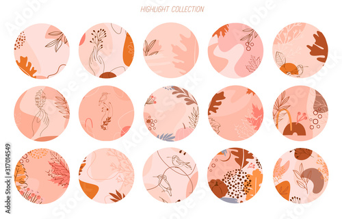Big set of round icons for social media stories. Abstract various vector highlight covers with autumn elements, shapes, plants and human hands in one line style. Editable vector illustration.