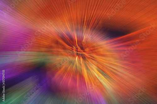 Circular geometric multicolor blurred gradient background. Abstract colorful explosion effect. Centric motion pattern. Red, orange, purple, green mixed texture. Color burst