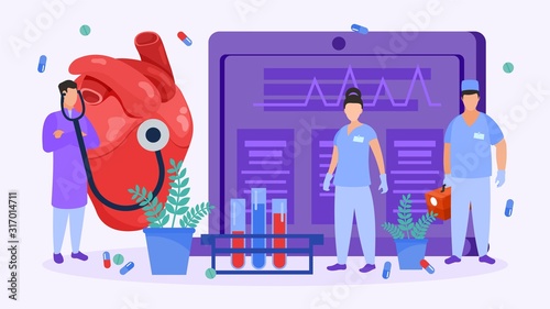 Heart surgery and cardiologists people check heart for medical operation vector illustration. Doctors team with stethoscope, first aid kit, in uniform and surgical gloves. Tablets, pills, test tubes.