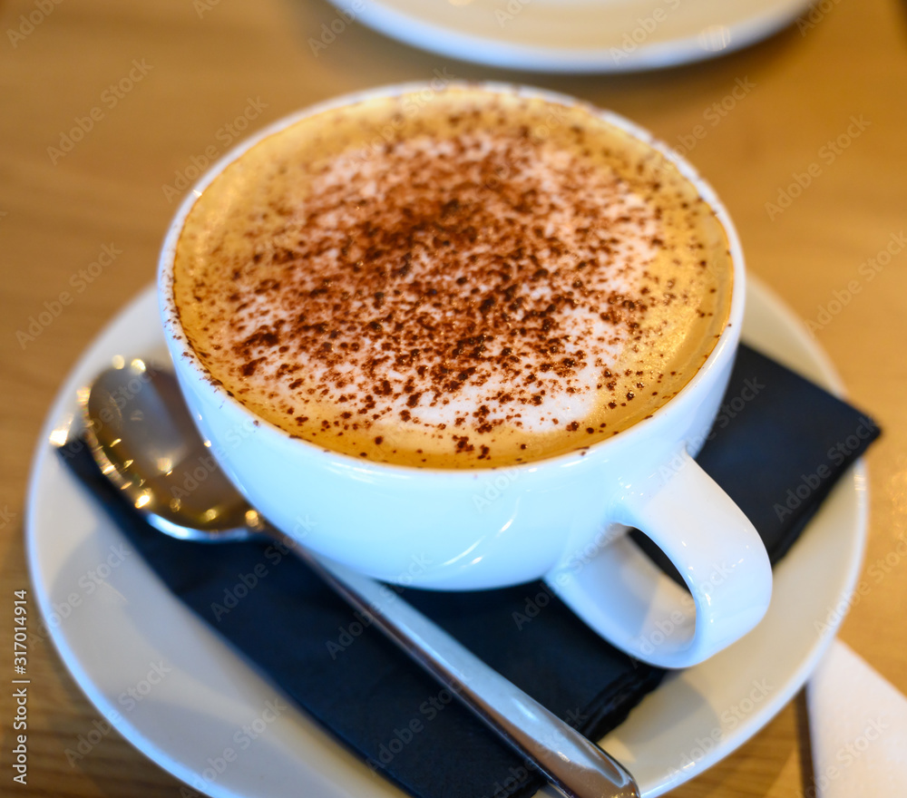 White cup with cappuccino coffee with cinnamon or cacao powder White cup with cappuccino coffee with cinnamon or cacao powder