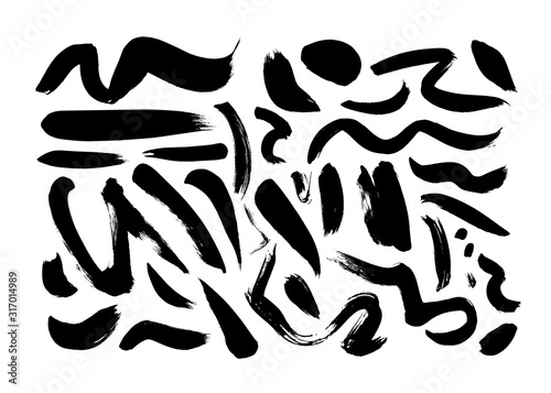 Hand drawn brush line vector set. Black paint, ink brush strokes, spots. Grunge smears collection with curled lines.