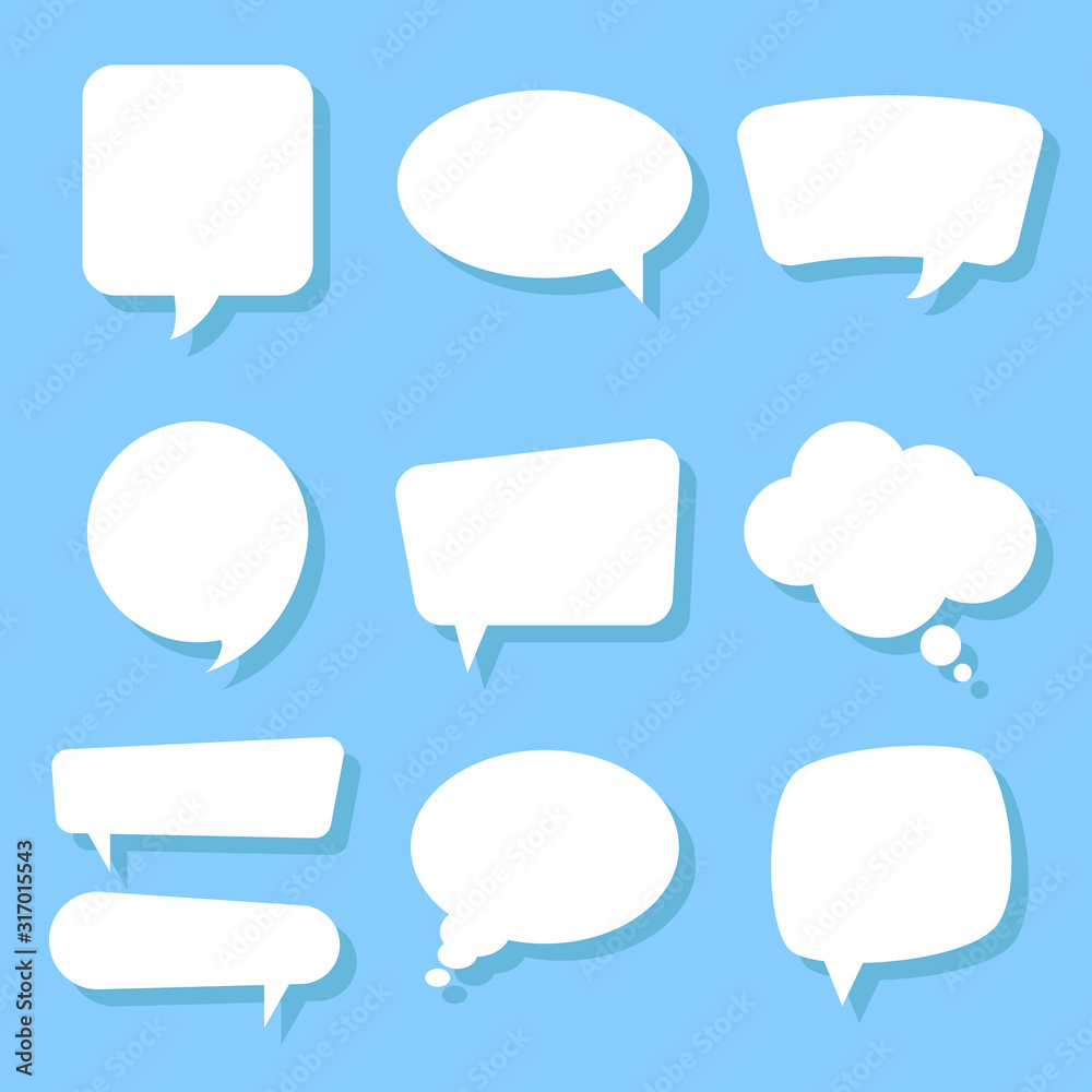 White speech bubbles. Thinking balloon talks bubbling chat comment cloud shouting voice shapes isolated set. Vector illustration. White speech bubbles. Thinking balloon talks bubbling chat comment cloud shouting voice shapes isolated set. Vector illustration.