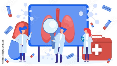 Lungs examination and treatment by doctors team vector illustration isolated. Doctors people with magnifying glass, first aid kit check sick human lungs, take medical tests, prescribe pills treatment.