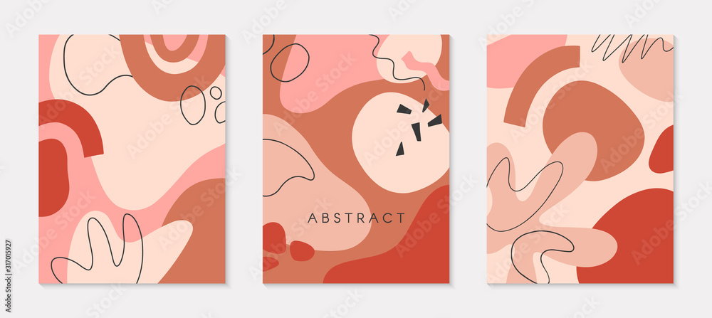Set of modern vector illustrations with hand drawn organic shapes and textures in pastel colors.Trendy contemporary design perfect for prints,flyers,banners,invitations,branding design,covers and more