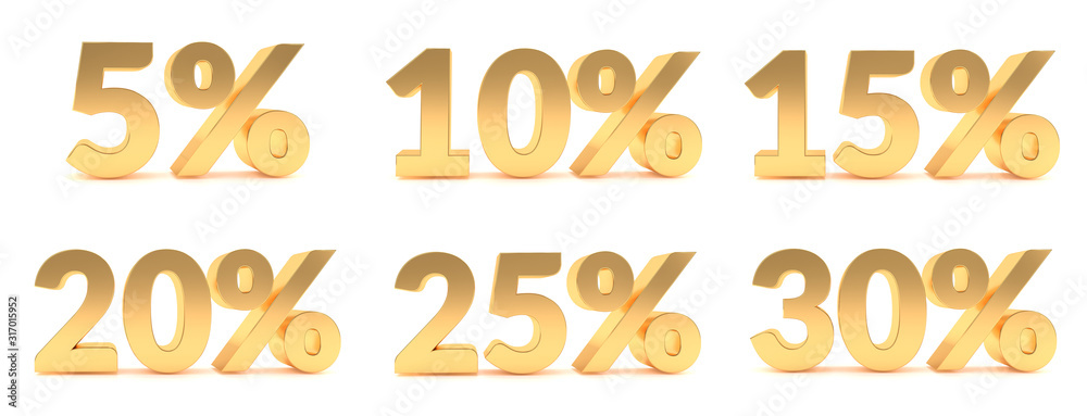 Gold 5, 10, 15, 20, 25, 30 percent discount sale promotion. 5%, 10%, 15%, 20%, 25%, 30% discount isolated on white background Gold 5, 10, 15, 20, 25, 30 percent discount sale promotion. 5%, 10%, 15%, 20%, 25%, 30% discount isolated on white background