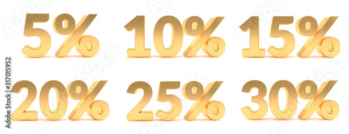 Gold 5, 10, 15, 20, 25, 30 percent discount sale promotion. 5%, 10%, 15%, 20%, 25%, 30% discount isolated on white background