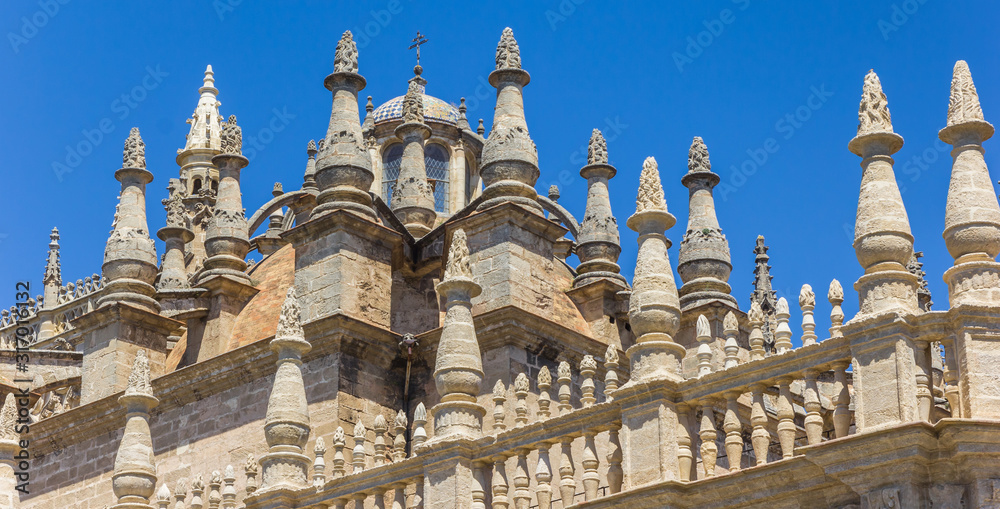 Panorama of the decorated roof of the cathedral in Sevilla, Spain