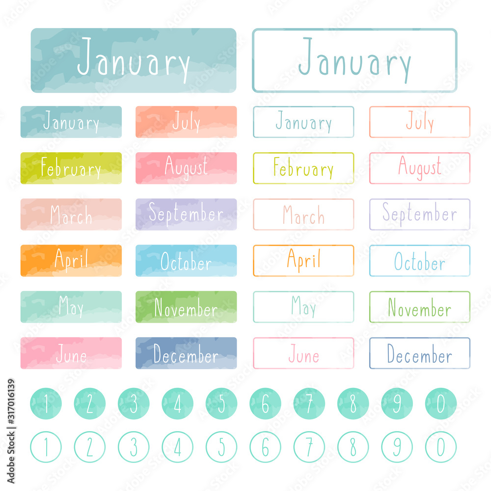 Handwritten months of the year with pastel color background and border. Calligraphy words and number for calendars. Colorful labels. Vector illustration. - obrazy, fototapety, plakaty 