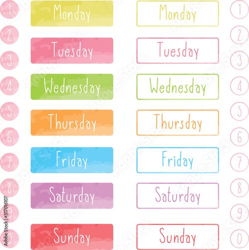 Handwritten days of the week with pastel color background and border. Calligraphy words and number for calendars. Colorful labels. Vector illustration.