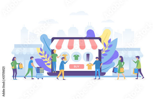 Online shopping on internet  ecommerce and people shop online vector illustration concept isolated. Clothing store on screen of huge laptop. Men and women with bags  shopping cart.