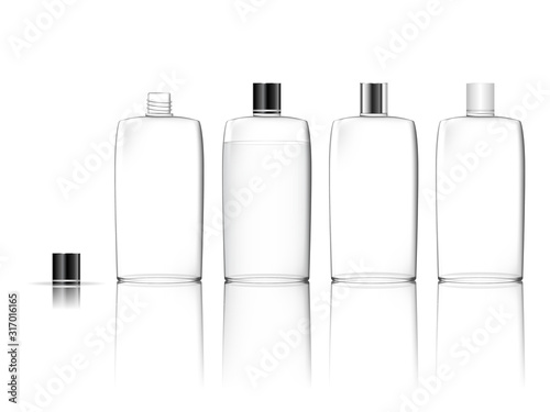 Cosmetic transparent plastic bottle. Skin care bottles for gel, liquid, lotion, cream, shampoo, bath foam. Beauty product package, vector illustration.