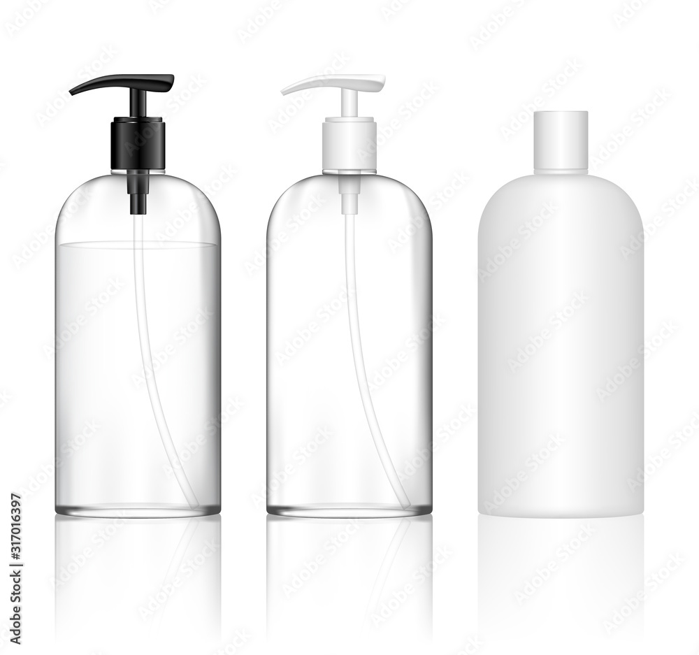 Cosmetic transparent plastic bottle with dispenser pump. Skin care bottles for shower gel, liquid soap, lotion, cream, shampoo, bath foam. Beauty product package. Vector illustration. - obrazy, fototapety, plakaty 