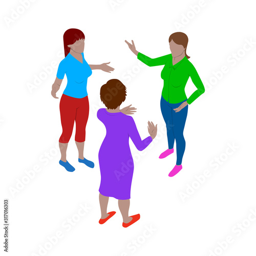 Three women talk emotionally while standing. Scene of people in isometric view. Isolated team of staff.