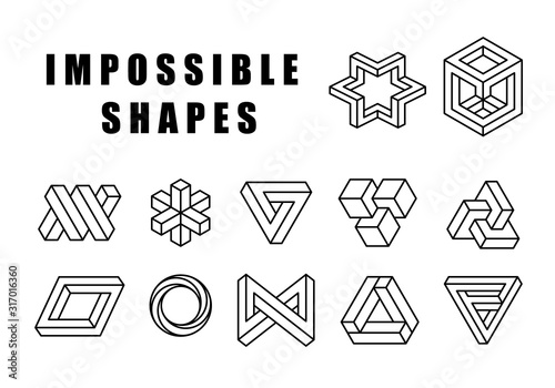 Impossible shapes vector set. Optical illusion symbols vector set. Type of unreal geometry, reality trick, fascinating objects of geometry. Vector illustration