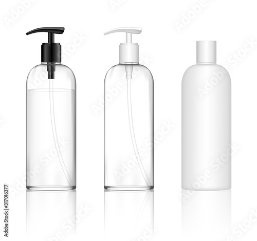 Cosmetic transparent plastic bottle with dispenser pump. Skin care bottles for shower gel, liquid soap, lotion, cream, shampoo, bath foam. Beauty product package. Vector illustration. photo