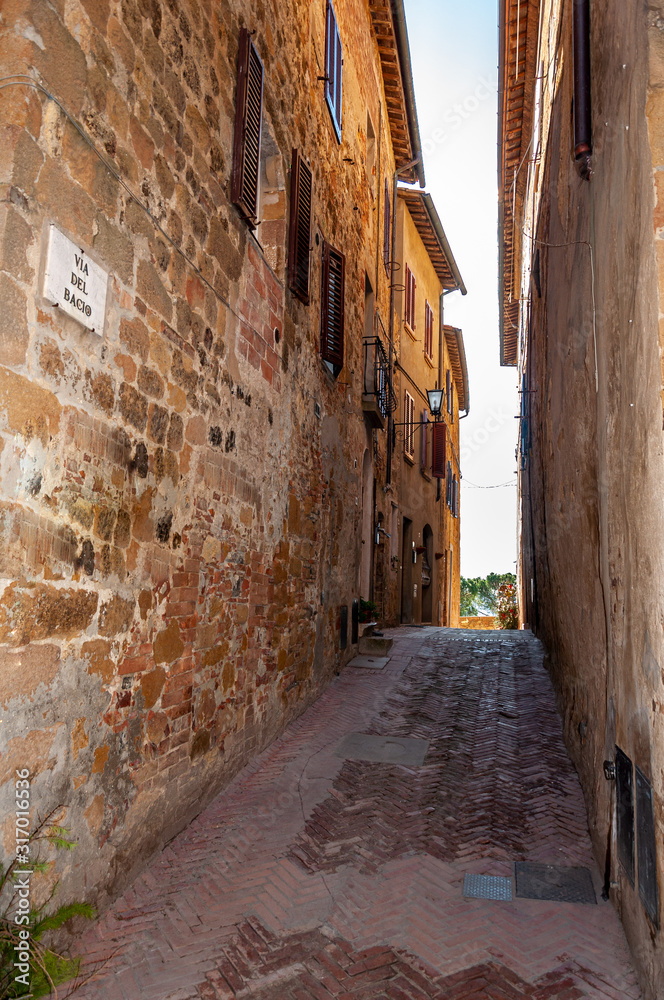 Pienza in Tuscany, Italy. View of the kiss way, in the historic center. UNESCO heritage village, famous for the 