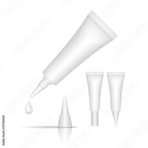 Cosmetic plastic tube isolated on white background. Skin care tubes for gel, liquid, lotion, cream, sunscreen. Beauty product package, vector illustration.