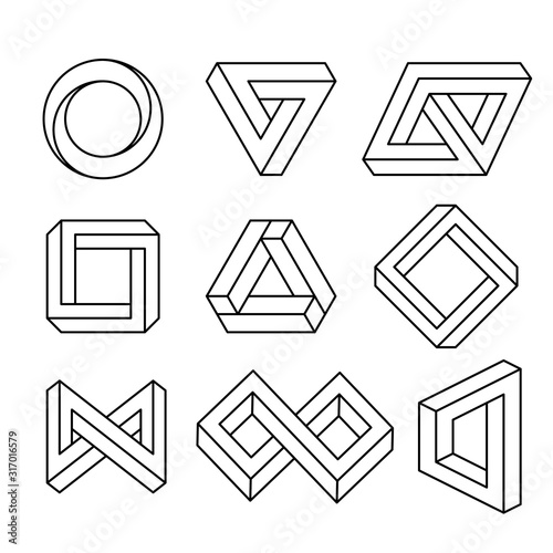 Impossible signs set outline. Linear infinite shapes. Impossible geometric figures. Optical illusion. Triangle, Infinity loop. Vector illustration