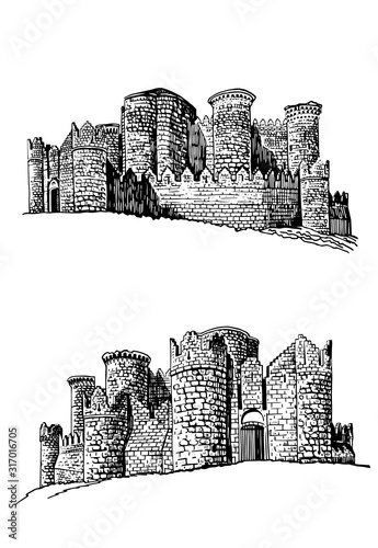 Graphical hand-drawn set of medieval Belmonte castles isolated on white background,Spain,vector illustration