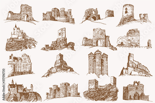 Graphical hand-drawn  vintage set of medieval castles ,vector illustration