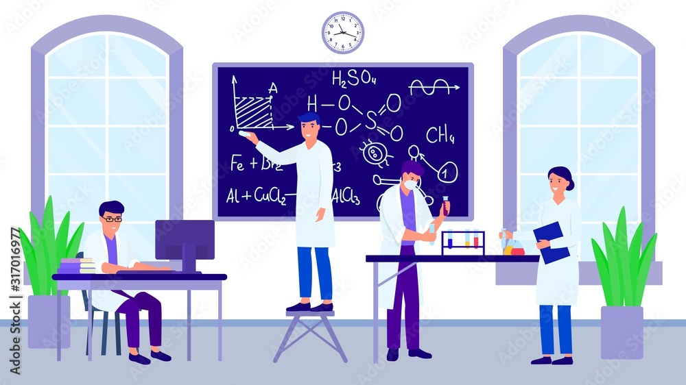 Science laboratory and group of scientists or students with teacher vector illustration. Man writes chemical formulas on blackboard. Team of researchers works with test tubes, books, on computer.