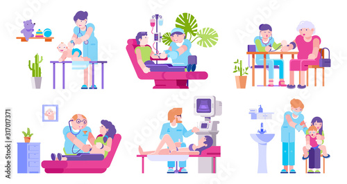 Doctors and visiting patients adults, children in medical clinic vector illustration isolated set. Doctors listening with stethoscope, make injections, ultrasound, pressure control and dropper.